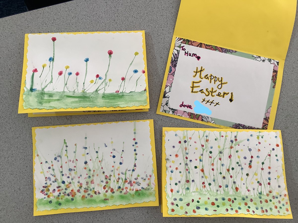 gfprimarycov's tweet photo. A very Happy Easter to everyone from 6D. Beautiful Easter cards using cotton buds and straws. No child was splattered in the making of these cards! #gfdoesart #year6 #thesunhasgotitshaton https://t.co/bTxETnAVBd