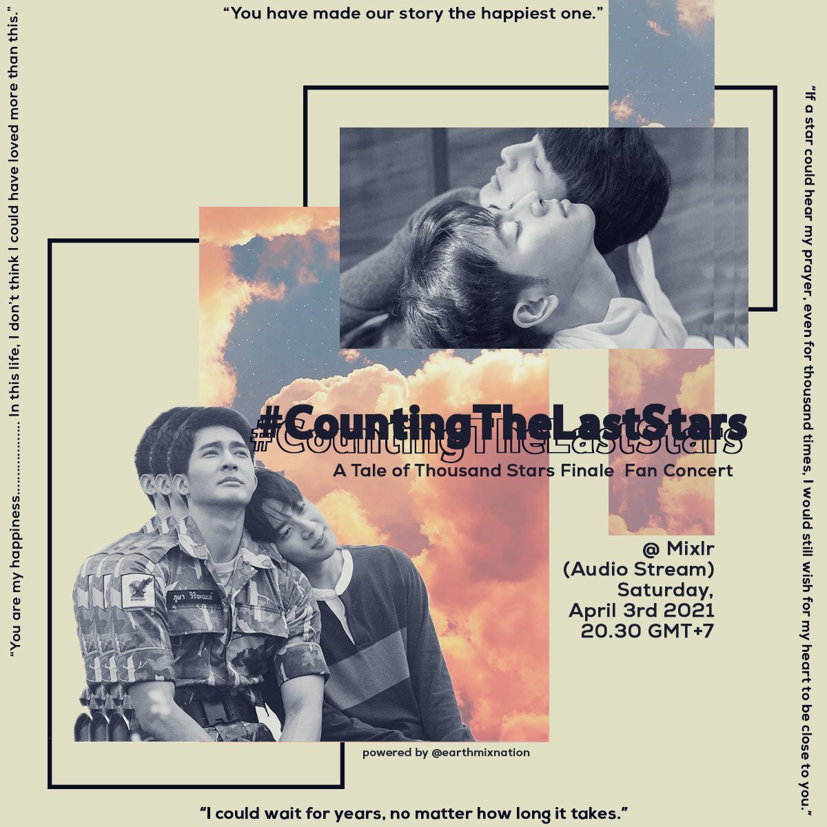 earthmixnation's tweet photo. [1000stars Final Episode]

To celebrate the last episode of 1000Stars, I invite you to join #CountingTheLastStars online concert on Mixlr. 

Saturday, April 3rd 2021
20.30 GMT+7 (BKK&amp;JKT Time)

It’s open for everyone and of course, it’s free 😉 https://t.co/KjkYxq8w9u
