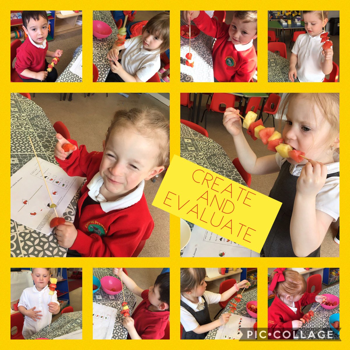 EPA_KittensFS1's tweet photo. We’ve enjoyed our DT ‘fruit kebab’ project from start to finish. The end result was scrumptious 🍏🍉🍑🫐🍇🍌🍍🍊🍓😋 #epa_DT @EastfieldPri https://t.co/Z2MD13wWJY