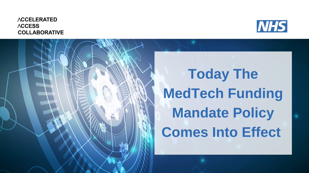 Today the <a href="/NHSEngland/">NHS England</a> MedTech Funding Mandate policy comes into effect. 

The policy is an NHS Long Term Plan commitment to help accelerate patient access to clinically proven <a href="/NICEComms/">NICE</a> approved medical devices. 

More Info ⬇️

england.nhs.uk/aac/what-we-do…