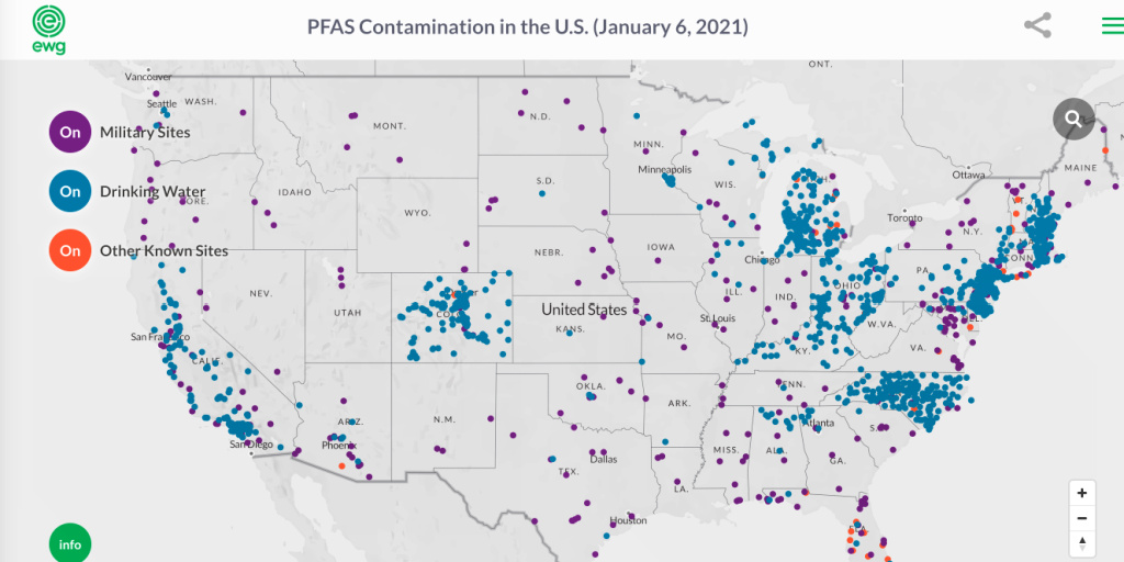 MonicaAmarelo's tweet photo. As of January 2021, #PFAS contaminates more than 2,300 locations in 49 states.

Is #PFAS in your tap water?

Interactive map via @EWG.

#ForeverChemicals 
https://t.co/bViJRORlWS https://t.co/Ydu9wI0q5Q