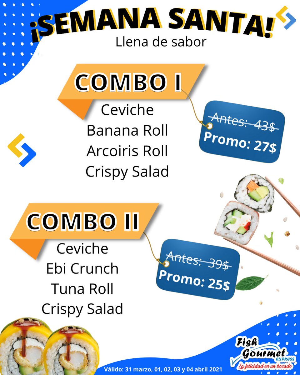 FishGourmet's tweet photo. Disfruta estos días en familia y con los mejores precios de promo. 👨‍👩‍👧‍👦✅

🎉Venimos con 4 combos especiales para compartir o comer sol@. 

⏩Válido: 31 de marzo, 1, 2, 3 y 4 de abril 2021 en @Fishgourmet.

#semanasanta #sushi #promo https://t.co/hozP1lAj56