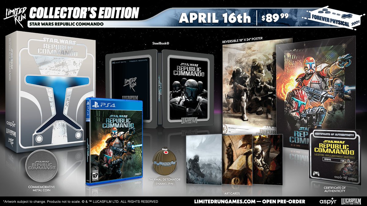 LimitedRunGames's tweet image. The Star Wars: Republic Commando Collector's Edition features lots of gorgeous elements such as art cards, a reversible poster, and a SteelBook all housed in an iconic outer box. Get yours for PS4 or Switch in a four-week pre-order beginning April 16 at 10 am ET. @AspyrMedia