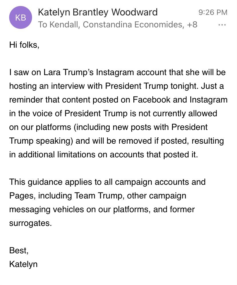 The former President of the United States is TOTALLY BANNED, even from so much as speaking in the form of an interview, from Facebook and Instagram. These are two of the world’s BIGGEST platforms. It’s time to deal with big tech censorship.