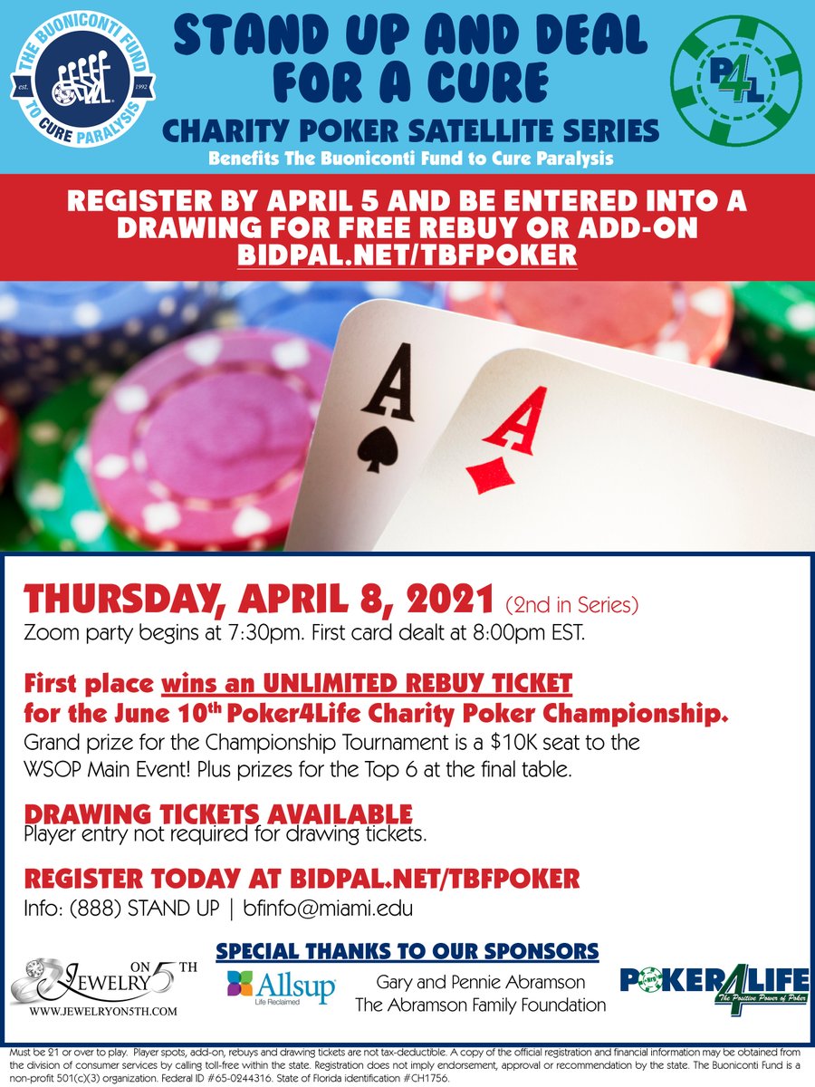 BuonicontiFund's tweet photo. Don't forget to register by April 5th at midnight to be entered into a drawing for a rebuy or add on ($100 value). We also have a great drawing with prizes like a 65" Flat Screen TV and more. Info here https://t.co/CyGNnJgrnC #WhoDoYouPlayFor https://t.co/hkiS8KmAbh