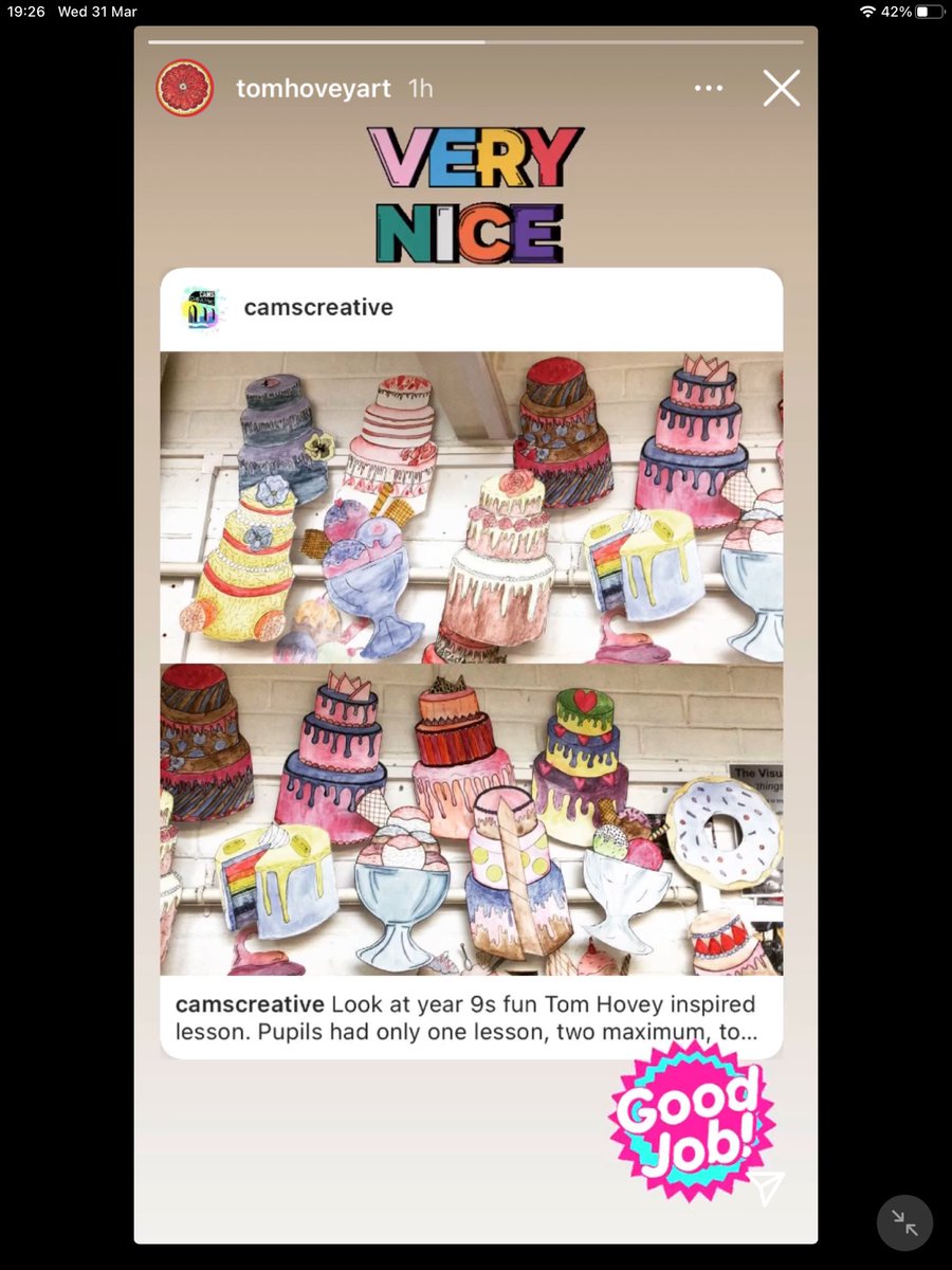 cams_creative's tweet photo. When the artist you have been studying comments on your post 😍😍😍😍Yr9 have been looking at Tom Hovey’s work in class. They have only had one or two lessons to create their sweet treat designs. Tom is the amazing illustrator on The Great British Bake Off. #CamsAndProud #artsed https://t.co/dOKwI8uPj6