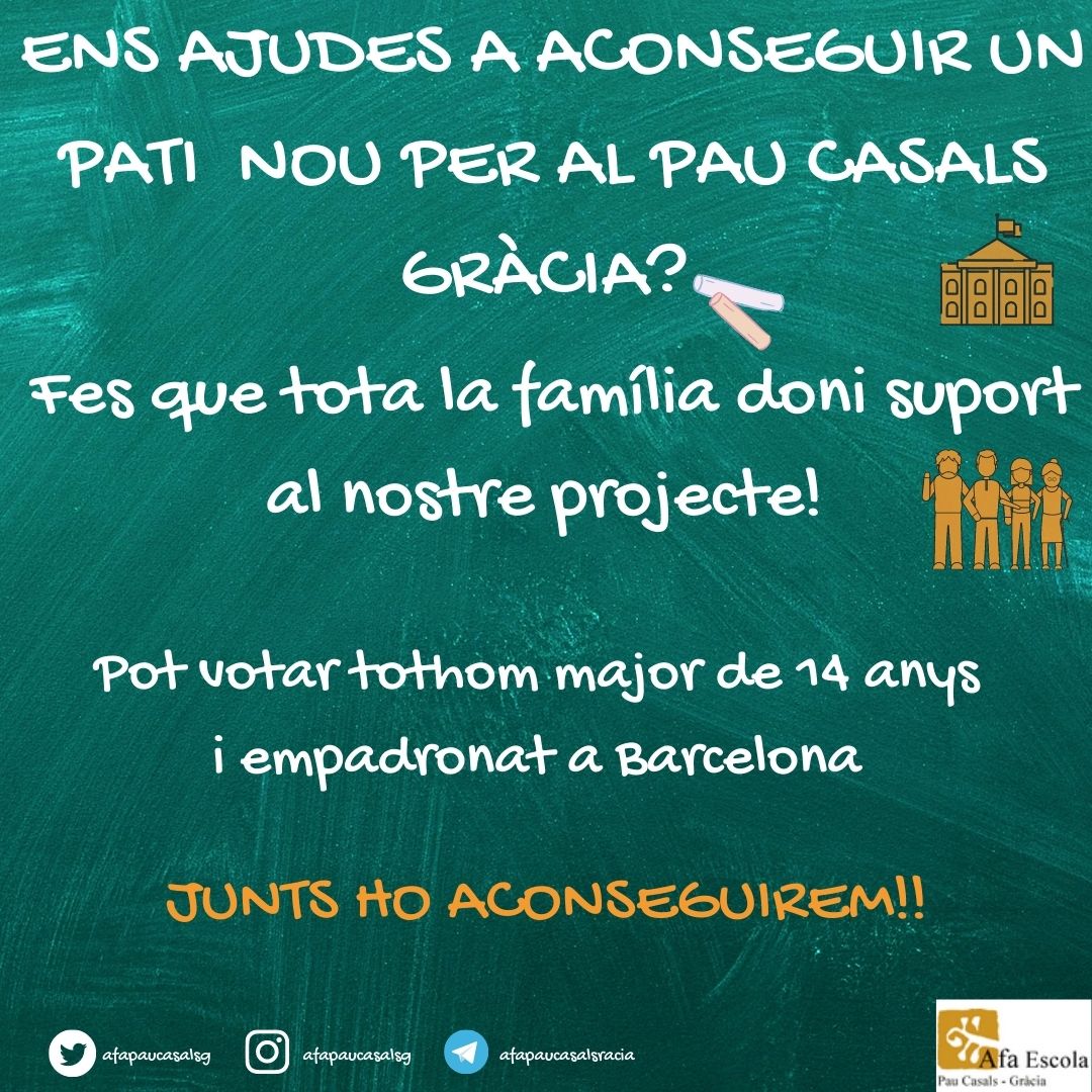 afapaucasalsg's tweet photo. Us imagineu que el NOSTRE PROJECTE DE PATI GUANYÉS els pressupostos participatius de @decidimbcn! El procés és obert fins el 5 d’abril.Fem que avis, tiets, amics, veïns...ens donins suport!. Pot votar tothom major de 14 anys, empadronat a BCN: https://t.co/cRowDdSKd5 #JoVotoPauCa https://t.co/9f00O5XQgP