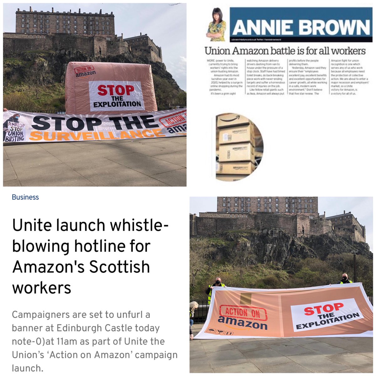 ActionOnAmScot's tweet photo. It's been a busy day for Action on Amazon in Scotland but this is only the beginning. Again, our message to @Amazonuk and @JeffBezos is to sign a neutrality agreement with us and allow workers their lawful right of speaking with a union. We aren't going anywhere. Come ahead. https://t.co/o8kFTm5R25
