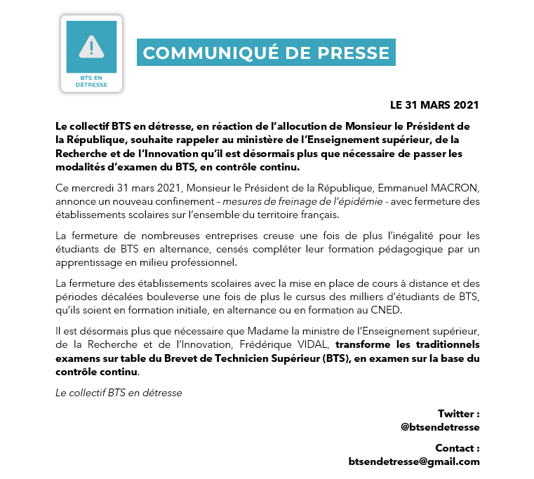 btsendetresse's tweet photo. 🛑#BTSCONTROLECONTINU

Face aux annonces de @EmmanuelMacron : il est ➕ que nécessaire de passer les examens de #BTS en contrôle continu.

@sup_recherche @VidalFrederique ➡️ Prenez vos responsabilités ❗️

#Macron20h #fermeture #confinementSaison3 #btsccpourtous #btsendetresse https://t.co/25HVDwev6z