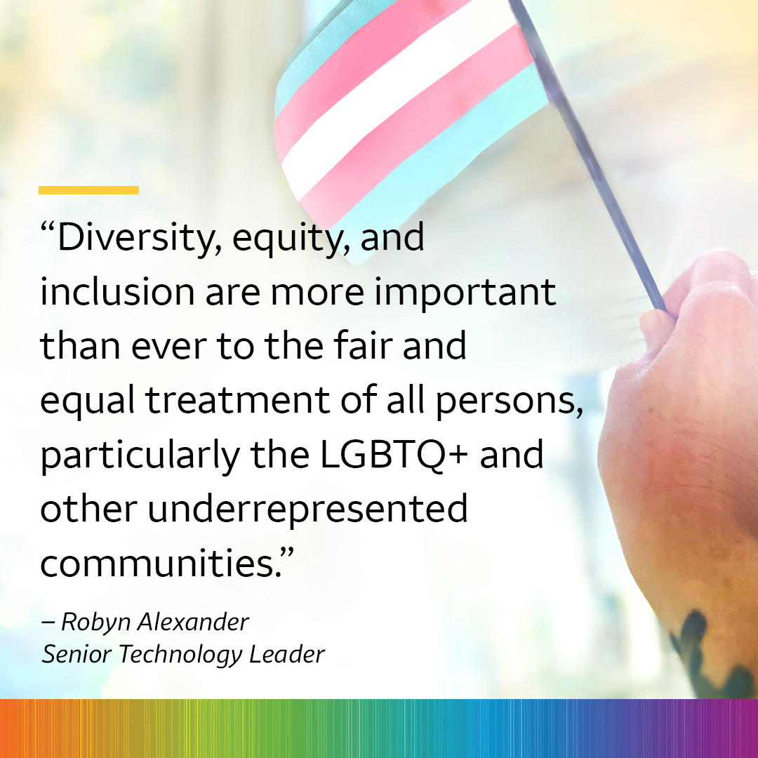WellsFargo's tweet photo. In honor of #TransDayOfVisibility, our senior Technology leader Robyn Alexander shares her perspective on the importance of being visible and challenging stereotypes. Click to read her story and know you are not alone.