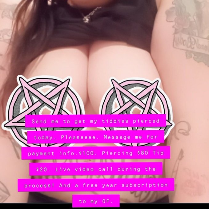Send me for some pain for pleasure and get my titties pierced today. Please? Im not okay today. #onlyfans<a href="/tag/paypal"class="tags"><span>#paypal</span></a><a href="/tag/piercings"class="tags"><span>#piercings</span></a><a href="/tag/onlyfans"class="tags"><span>#onlyfans</span></a>