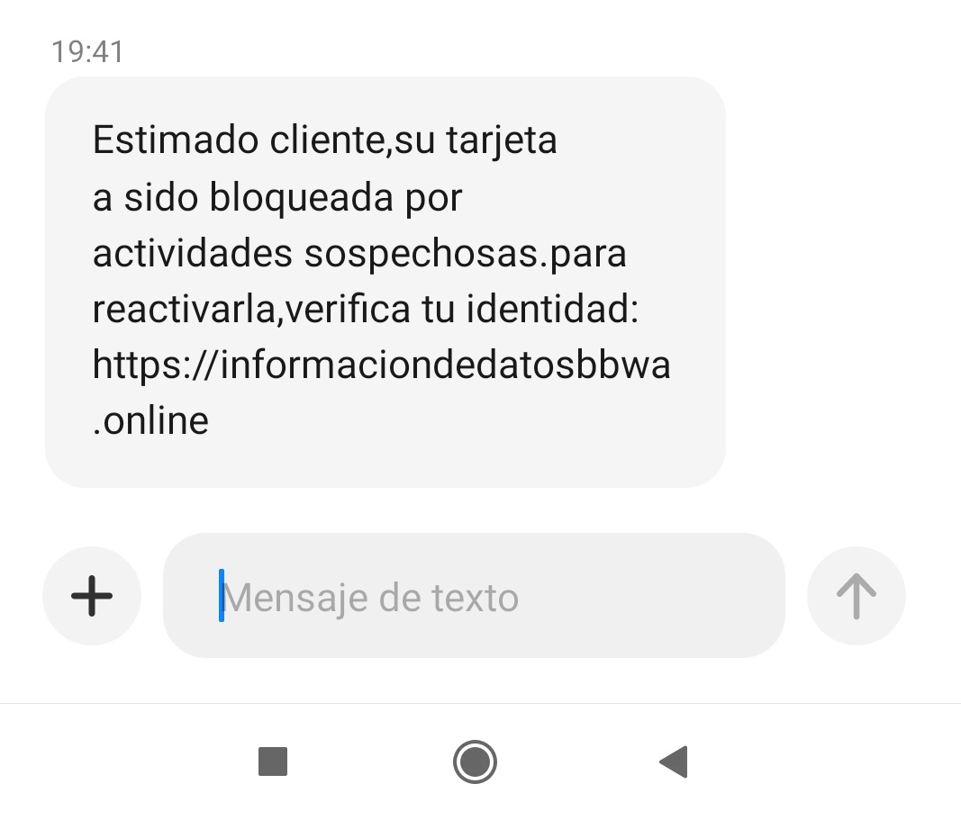 Jiouis's tweet photo. @bbva Hace menos de una hora he recibido este SMS que el móvil me lo categoriza como vuestro y me lo mete en la misma conversación que los mensajes legítimos. Claramente es phishing, para que lo tengáis en el radar. https://t.co/pahNzRqV1a