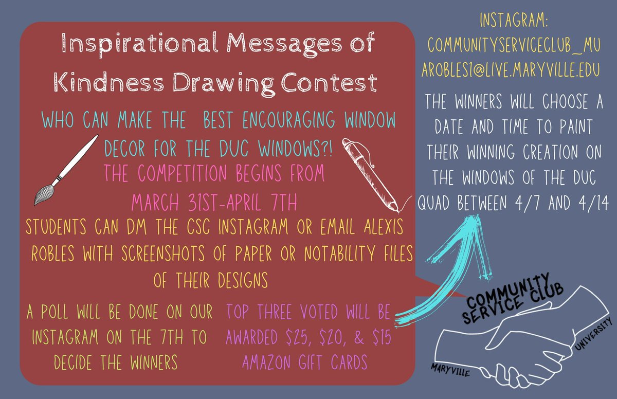 CSC has another contest for the Maryville community!! We want to make our campus overwhelmed with kindness as we begin our last month of the spring semester. The signage provides all the details of the contest!!🎨✍🏼