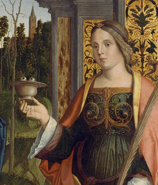 First up, Saint Lucy, who is often pictured with her own eyeballs on a platter, which she is said to have plucked out herself to avoid temptation.This painting on a wood panel is by Marco Palmezzano and dates to 1513. http://onlinecollection.nationalgallery.ie/objects/1937/the-virgin-and-child-enthroned-with-saints-john-the-baptist