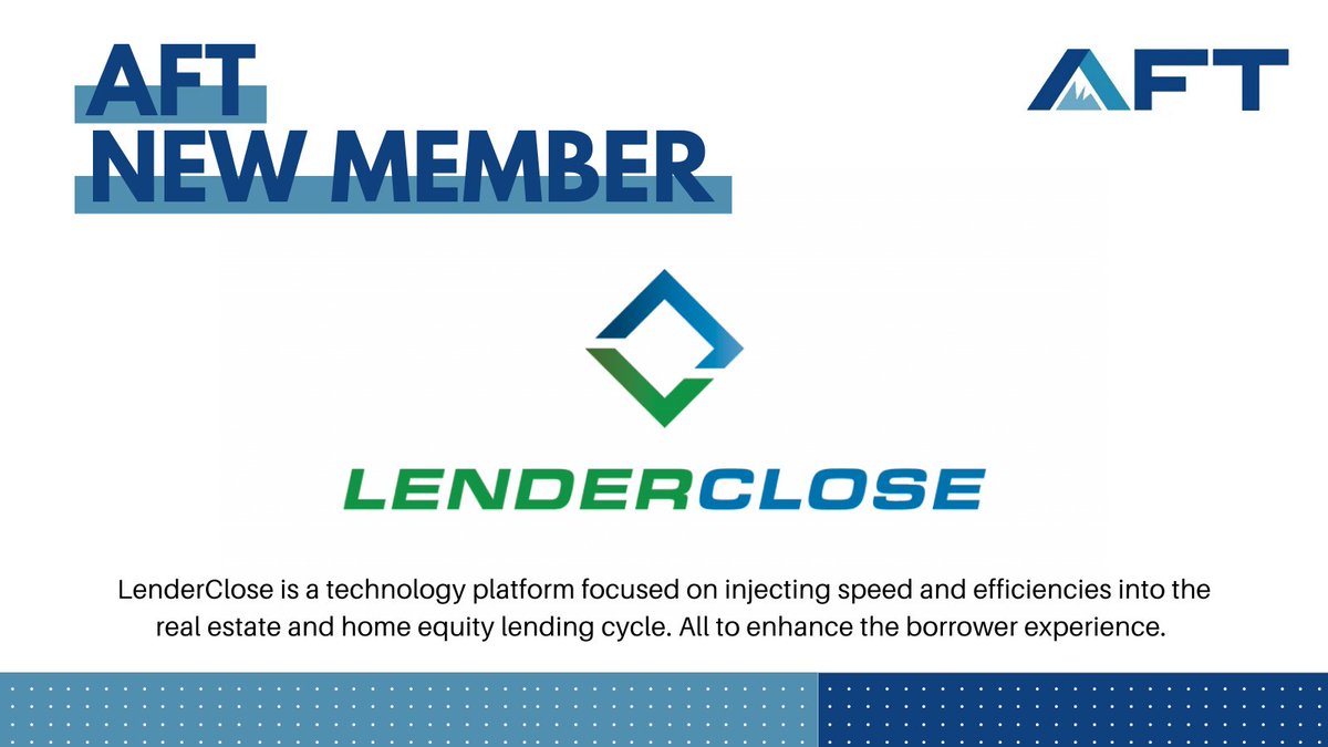 AFTWeb's tweet photo. Give a warm welcome to our new #AFTMember @LenderClose! LenderClose’s forward thinking platform and award-winning technology complies all of the information lenders need, in one, single hub. @OmarQJordan https://t.co/FBdCfPdNd9 https://t.co/3ZWnP8hqt4