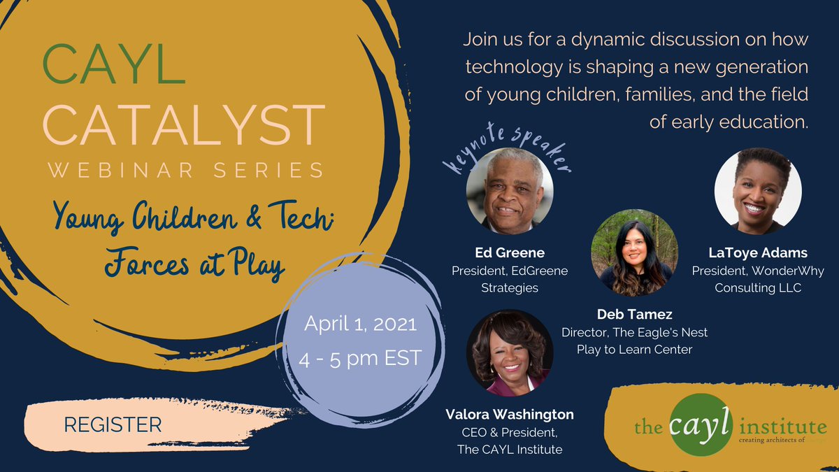 caylinstitute's tweet image. TOMORROW, join our compelling panel of early childhood &amp;amp; tech experts - Ed Greene, Deb Tamez, &amp;amp; LaToye Adams - on April 1 @4-5 PM EST. Register now! tinyurl.com/2js42sn7 #ECE #earlyeducation #tech4kids #edtech