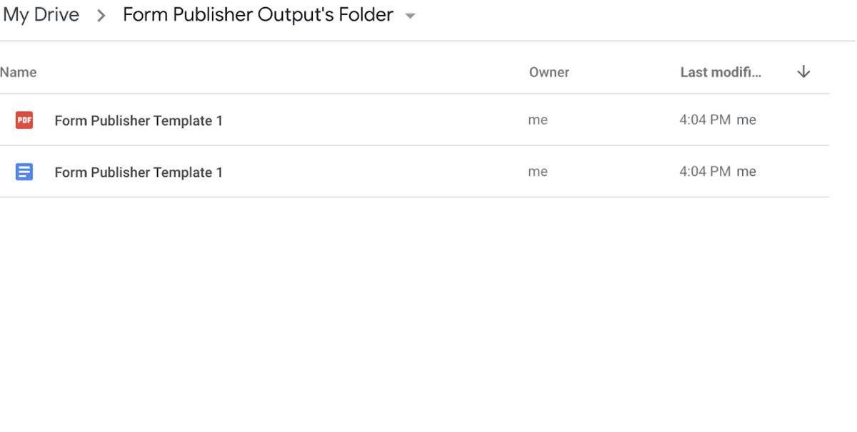 Form_Publisher's tweet image. Et voila! Just like that, all your spreadsheet data has been turned into documents that are stored in a folder in your Google Drive.