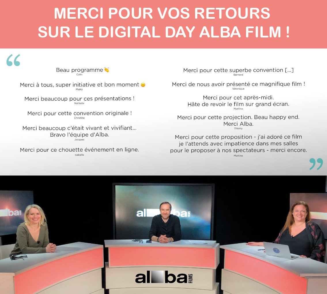 FilmsAlba's tweet photo. Un grand merci aux exploitants et partenaires qui ont participé à notre Digital Day Alba Films.
Vos commentaires nous ont beaucoup touché.
À très vite au cinéma !
@Boxoffice_fr
#AlbaFilms #cinéma #films https://t.co/2BRjhpiXKz