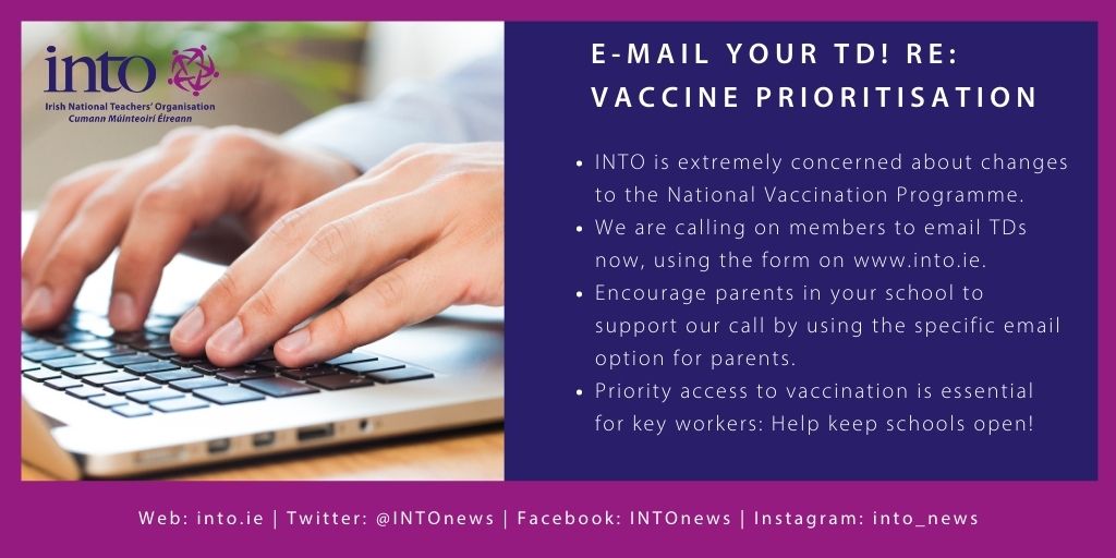 📩Email your TDs!

INTO is extremely concerned about changes to the National Vaccination Programme

We are calling on TDs/Govt to ensure priority vaccination for teachers + key workers once the vulnerable/elderly are protected

Use our email form now!👉ow.ly/8S3150EdvLs