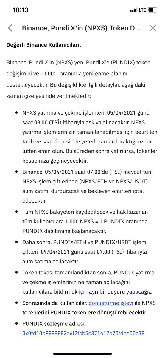 TurkBogasi's tweet photo. https://t.co/Mcs62Xtrn3

#PUNDIX #NPXS #NPXSUSDT 

1:1000 oranında coin yakılacak. 

0,0082 olan #NPXS 5 Nisan itibariyle işleme kapatılıp 5 Nisan’daki değer 9 nisanda 1000 kat artacak adediniz ise 1000 kat azalacak. 

En son BTCST de olmuştu yeniden arz günü %140 verdi. https://t.co/IIobv1fkDn