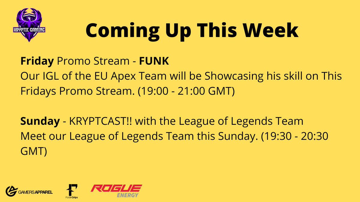 WeareKrypticGG's tweet photo. Big Week this week for Kryptic Gaming!
Friday we have our EU Promo Stream @FUNK_GAMING2019 - 19:00 - 21:00 GMT
Sunday return of KRYPTCAST with our #leagueoflegends Team
Join our community - https://t.co/9V5kuzIg8v
#Podcast #PromoStream #Contentcreation #Twitch #streamer https://t.co/VGHyT62abT
