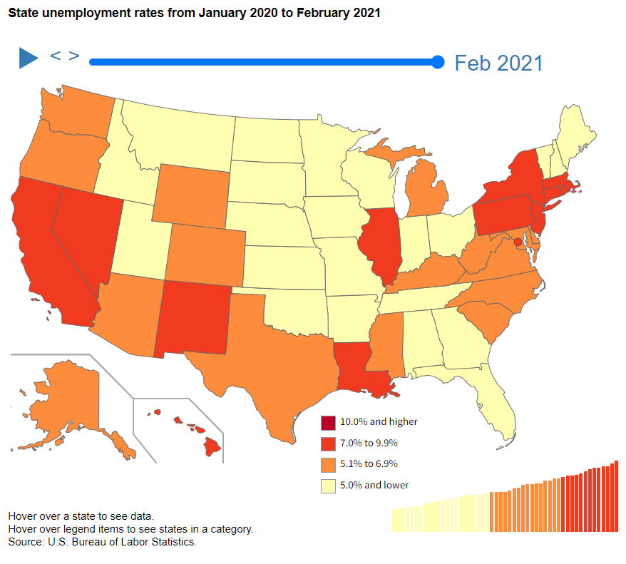 BLS_gov's tweet photo. All states had unemployment rates below 10.0 percent in February 2021 https://t.co/ehlHOWZg3M #BLSdata https://t.co/LM7HkiFX4i