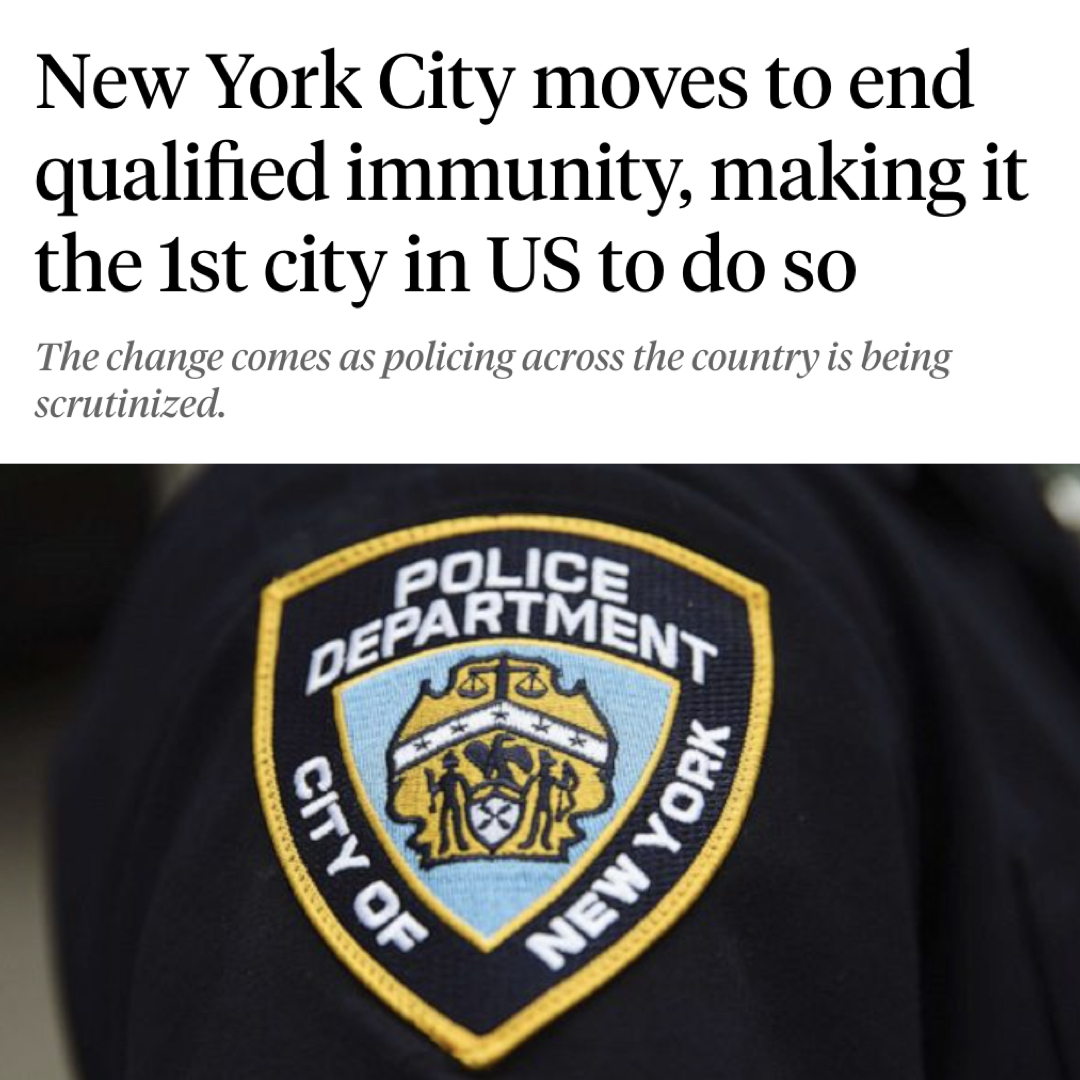 This is BIG: @NYCCouncil is ending qualified immunity for NYPD police officers! Your protests and calls for change led to this HUGE reform. Now we must end qualified immunity nationwide! #BLM