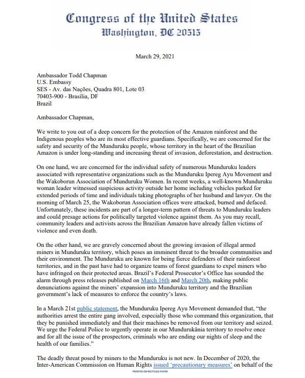 RepRaulGrijalva's tweet photo. My colleagues and I call on @USAmbBR to speak out about the dangers facing Brazil's Munduruku people in the Amazon. 

Brazilian authorities must evict the armed illegal miners from Munduruku territory, preventing more threats &amp; #COVID19 transmission. #DefendEarthDefenders https://t.co/NOesLk5OHB
