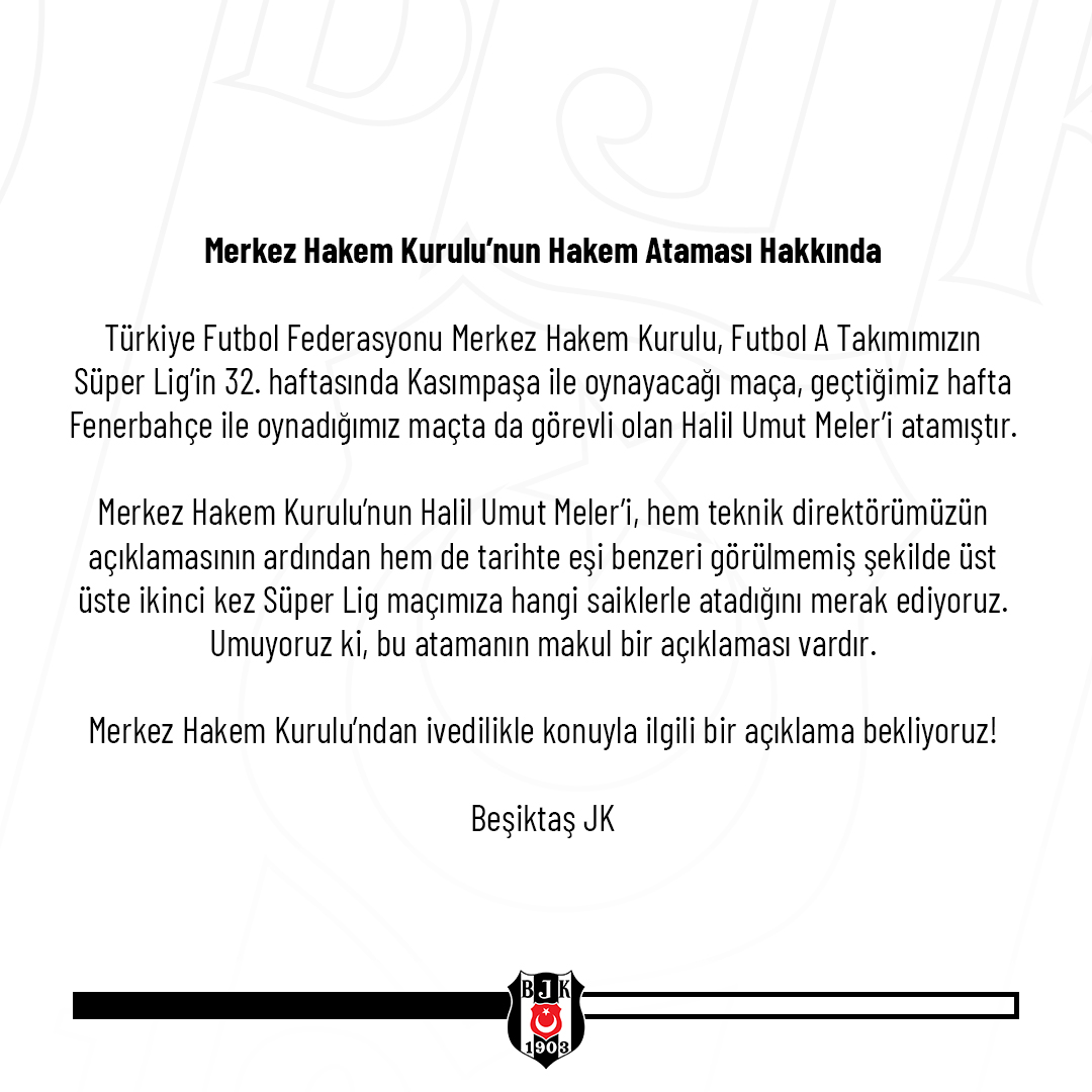 Besiktas's tweet photo. Merkez Hakem Kurulu’nun Hakem Ataması Hakkında

🔗 https://t.co/8h4rOWTOa1 https://t.co/Q8zHhuykxZ