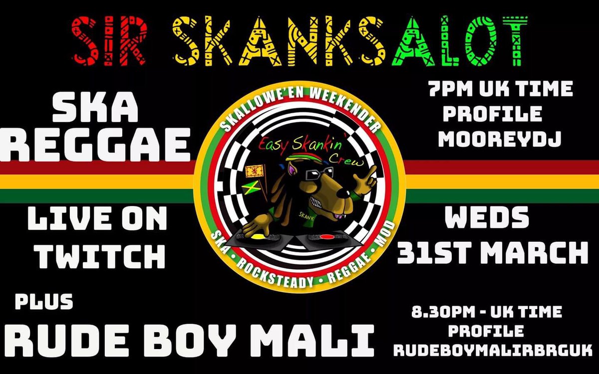 Don’t miss Rudeboy Mali in a #RudeboyStyle live on Twitch along with Easy Skankin Crew #SirSkanksalot. 
#WellVersatile #AllTheWhile 
Just click the link and get and enjoy. 
twitch.tv/rudeboymalirbr… email 
Rudeboymali@zbtmi
❤️💛💚😎
#RudeboyMali
#RBRGUK
#RudeboysRudegirlsReunionUk