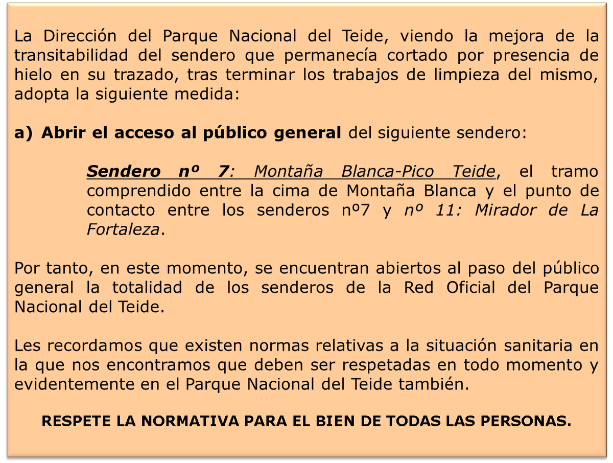 pnteide's tweet photo. La Dirección del #PNTeide, ante la #mejoradetransitabilidad del #sendero que permanecía cortado por presencia de #hielo en su trazado, ha optado por #abrir el #acceso al #públicogeneral del Sendero nº 7: #MontañaBlanca - #PicoTeide, en su totalidad. @MedioNaturalTF @oapngob https://t.co/0x8LNFoWRe