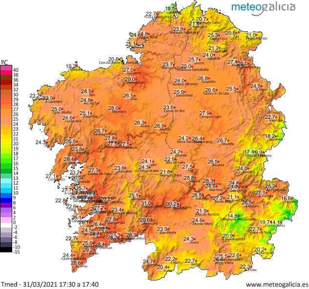 MeteoGalicia's tweet photo. Este é o mapa das temperaturas máximas rexistradas ata as 17:40 da tarde de hoxe. O valor máximo deuse en #Pontevedra Campolongo 32.1ºC, entre 30 e 31ºC estiveron en #Leiro e #Remuíño #Arnoia en #Ourense, #OViso #Redondela en #Pontevedra e #Boiro en #ACoruña🥵Boa tarde! https://t.co/HqhgLjYa0F