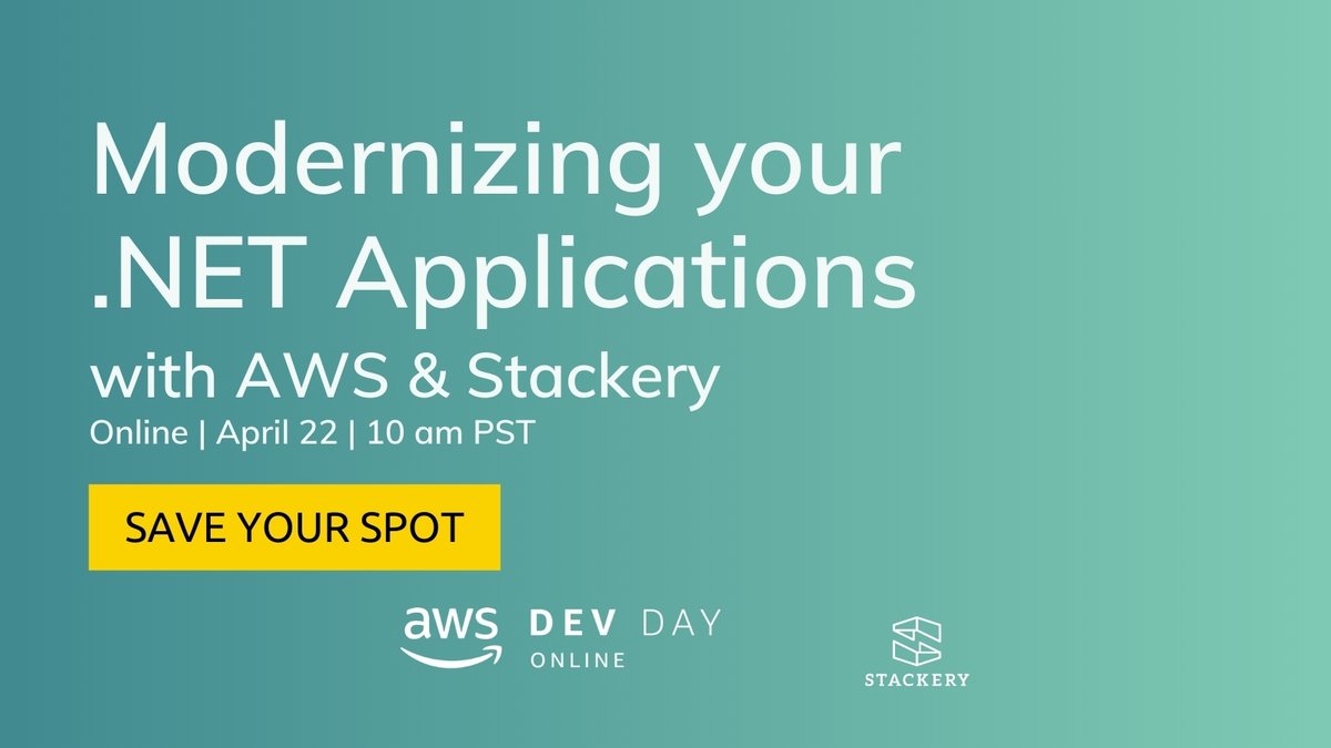 stackeryio's tweet photo. ๐Registration is now open for our DevDay!https://t.co/Gx1K8Tt0Z8
Join @txase and @awscloud for hands-on experience turning an ASP .NET REST API service on Windows servers into a resilient scalable serverless service.
@AWS_Partners #Serverless #AWS #dotNet #AWScloud https://t.co/QCIRi0gXsl