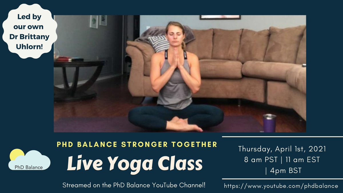 PhD_Balance's tweet photo. Movement helps maintain physical, mental, AND emotional well-being. Join Speaking and Events Director @BrittanyUhlorn tomorrow, April 1st, at 11am ET for a LIVE, all-levels #PhDStrongerTogether yoga class!

Live Stream Link - https://t.co/hnjctOGnV0 https://t.co/HeO61doBTj