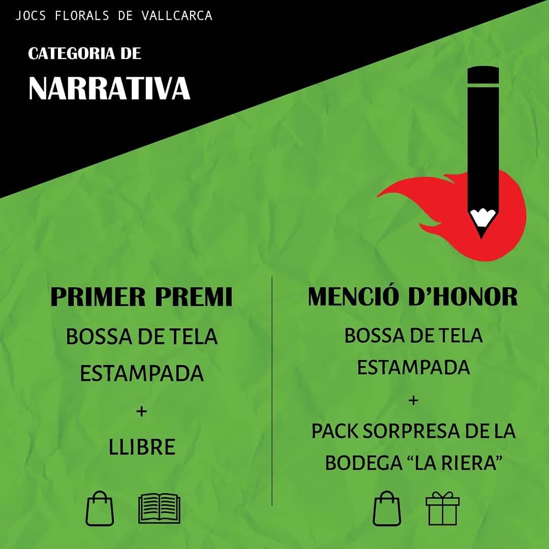 🟢IMPORTANT! Allarguem em termini uns dies més per si hi ha algú que encara no ha pogut presentar-se! 
👇🏽
Aquests són els premis dels Jocs Florals de Vallcarca 2021🔥
Recordeu que hi ha tres modalitats de creacions: Narrativa, poesia i foto/dibuix.
I després categoria infantil.