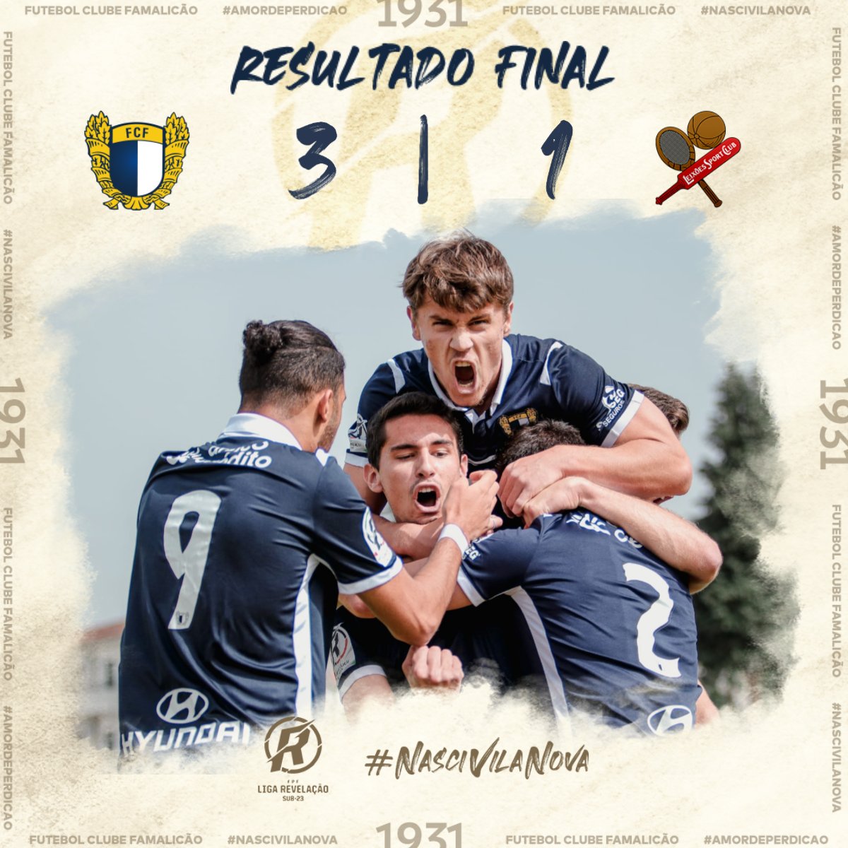 ⏱️ Final do jogo
FC Famalicão 3-1 Leixões SC
⚽ Golos de <a href="/penetra36/">Alexandre Penetra</a> (8') e <a href="/ar10_andre/">André Ricardo</a>  (19' e 74')

⚪🔵 #NasciVilaNova #amordeperdicao #LigaRevelacao