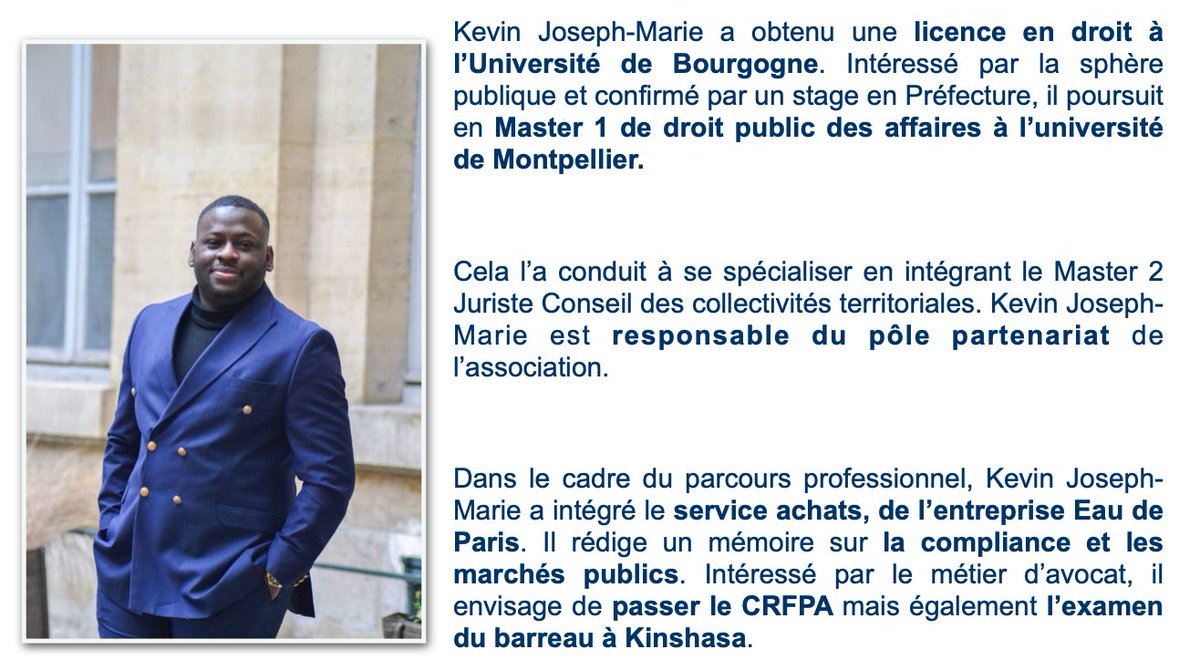 masterritorial's tweet photo. Le portrait du mercredi, c'est par ici 👇

ACTA est fière de vous présenter Kevin Jospeh-Marie Mulamba (@mulamba_jm) 🎓

Passé par @univbourgogne et @umontpellier, il est aujourd'hui juriste à @eaudeparis.💧

🌐 Vous pouvez le retrouver sur LinkedIn : https://t.co/4nReNCwW30 https://t.co/CdtQWlxD5W