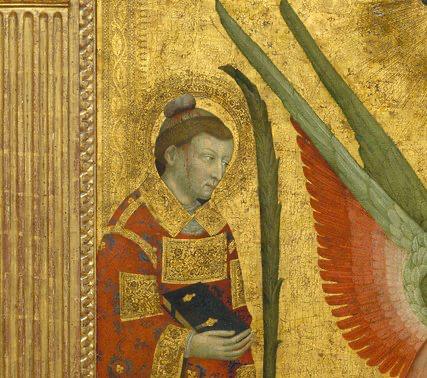 Next, Saint Stephen appears here in Jacques Yverni's The Annunciation (c.1345).Saint Stephen was the first martyr - he holds the palm of martyrdom in his left hand, and on his bloodied head rests a stone, which shows us the method of his martyrdom.  http://onlinecollection.nationalgallery.ie/objects/3246/the-annunciation