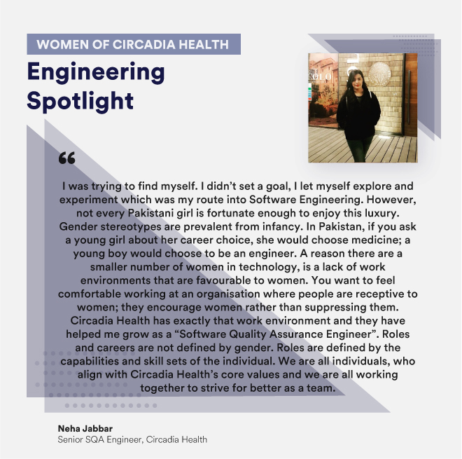 She's the fearless senior leader behind the monitoring, testing and analysing of our softwares quality. 

This week we feature, Neha Jabbar, Senior SQA Engineer, Circadia Health.

#WHM2021 #womenshistorymonth #circadiacareers #choosetochallenge
