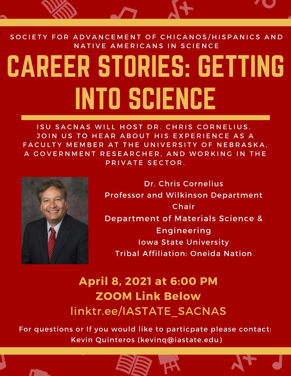 IASTATE_SACNAS's tweet photo. SACNISTAS be sure to join us on April 8th @ 6 PM. To learn about the educational and professional journey of Dr. Chris Cornelius. #NativeandSTEM #SACNAS https://t.co/2NuKYFucaH