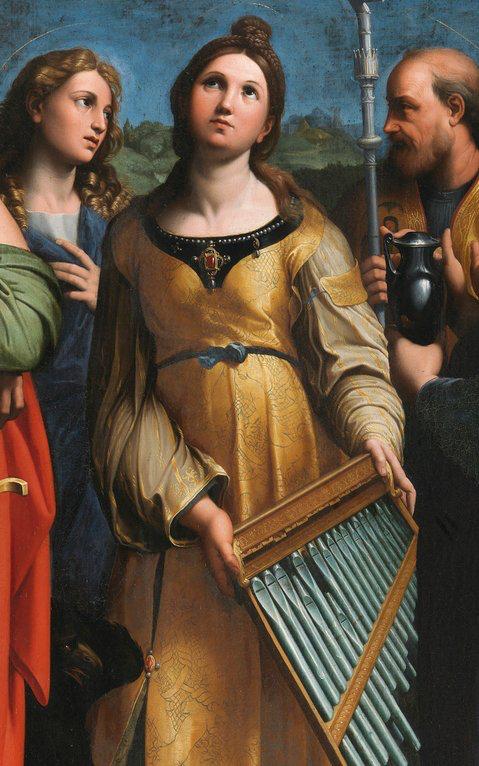 If you guessed Saint Cecilia for this one, take a bow! She's the patron saint of music and musicians, so if you spot a saint in a painting with a musical instrument (and especially an organ), chances are it's Cecilia! This painting is a 17th century Italian work after Raphael.