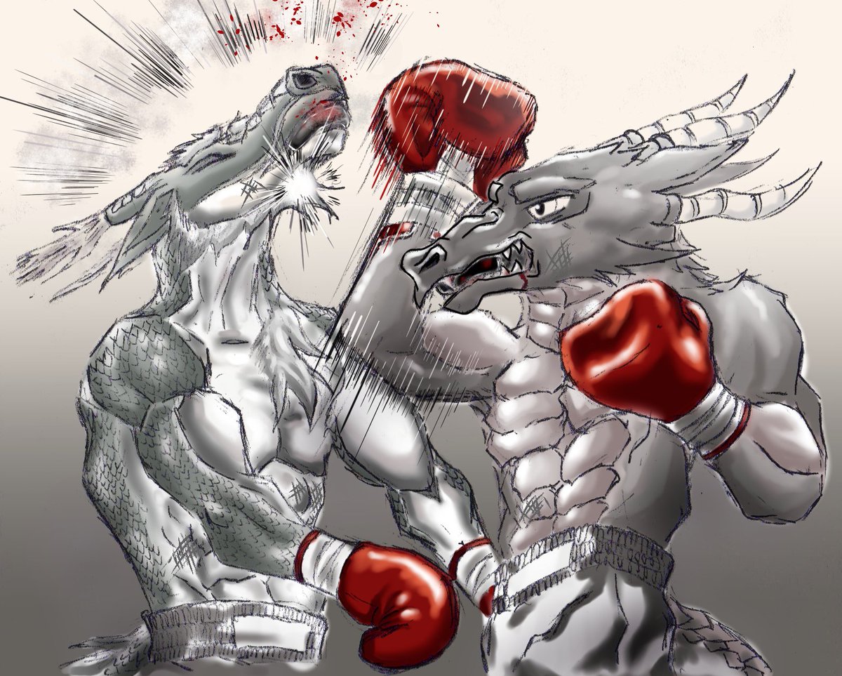 V1p3rw01f113's tweet photo. The fight goes on. As they were evenly matched until Krupp landed a fierce uppercut on Ao's chin. Will he survive the concussion? #boxingart #boxing #boxing_gloves #boxing_ring #Anthro #Dragon #Western_dragon
#vs #Eastern_dragon #furryart https://t.co/HW6I6jBG6f