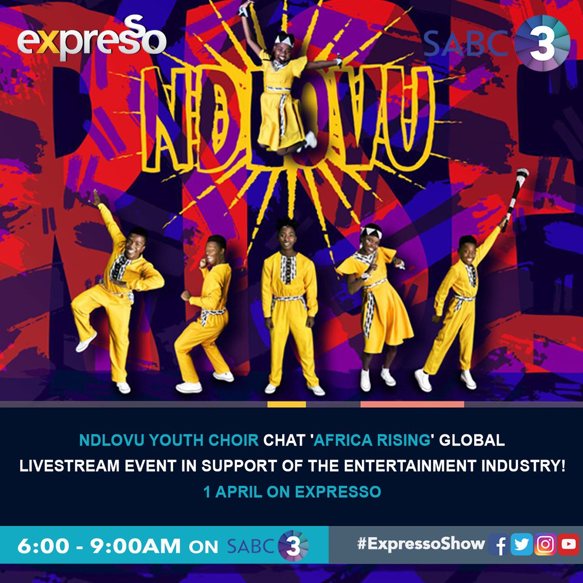 expressoshow's tweet photo. We have @ralfschmitt100 and the Ndlovu Youth Choir with us tomorrow morning for 3 performances and chat about their upcoming event! 😍

Not to be missed! Will you be tuned in? 🌍 @ChoirAfrica #ExpressoShow https://t.co/6ckUFQdGgF