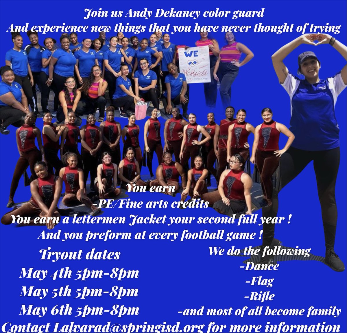 DekaneyCG's tweet photo. AUDITIONS ARE COMING! AUDITIONS ARE COMING!
Who is looking for an activity to join for the next school year?? Learn to Dance, spin equipment and perform at all football games. Make new friends! Learn new skills (and a letterman in two years time 😉)
#colorguard  @SpringISDPVA https://t.co/3GpUnJWuXd