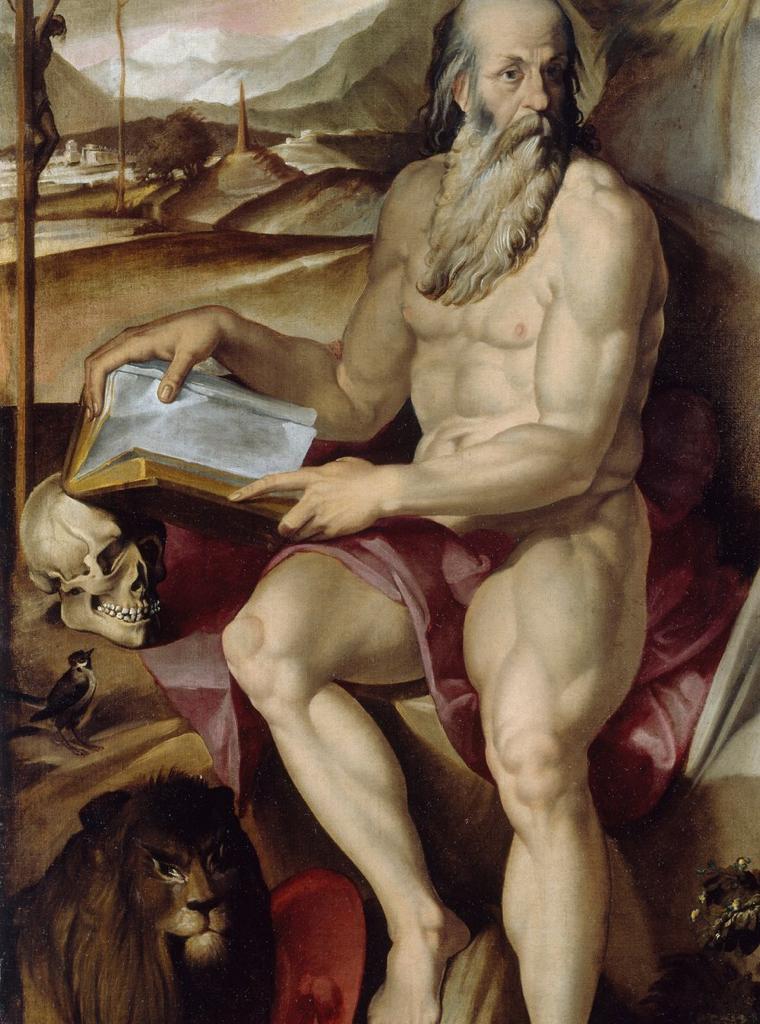 Finally, this incredibly muscular fellow is Saint Jerome! Warning: he does not always appear in paintings looking as chiseled as this, so do *not* use that as an identifier! You will, however, recognise him by the inclusion of a lion, and very often a skull.