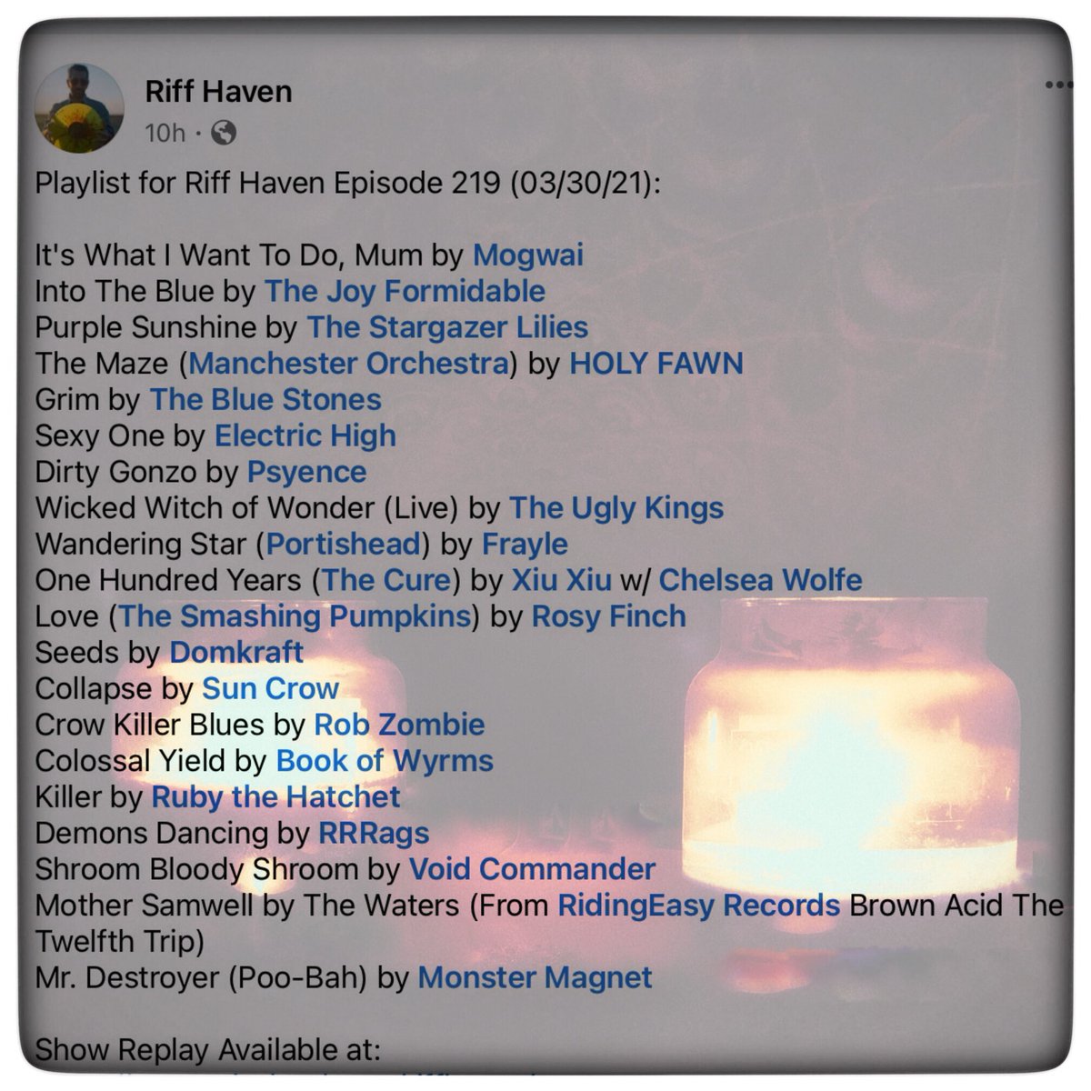 RiffHaven's tweet photo. #Mogwai #TheJoyFormidable #TheStargazerLilies #HolyFawn #TheBlueStones #ElectricHigh #Psyence #TheUglyKings #Frayle #XiuXiu #ChelseaWolfe #RosyFinch #Domkraft #SunCrow #RobZombie #BookofWyrms #RubytheHatchet #RRRags #VoidCommander #MonsterMagnet #RiffHaven #StonerRock https://t.co/CCbfbde0go