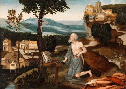 For the sake of balance, here's a slightly less gym-honed Saint Jerome, with that tell-tale lion in the corner.  http://onlinecollection.nationalgallery.ie/objects/3210/saint-jerome-in-the-wilderness