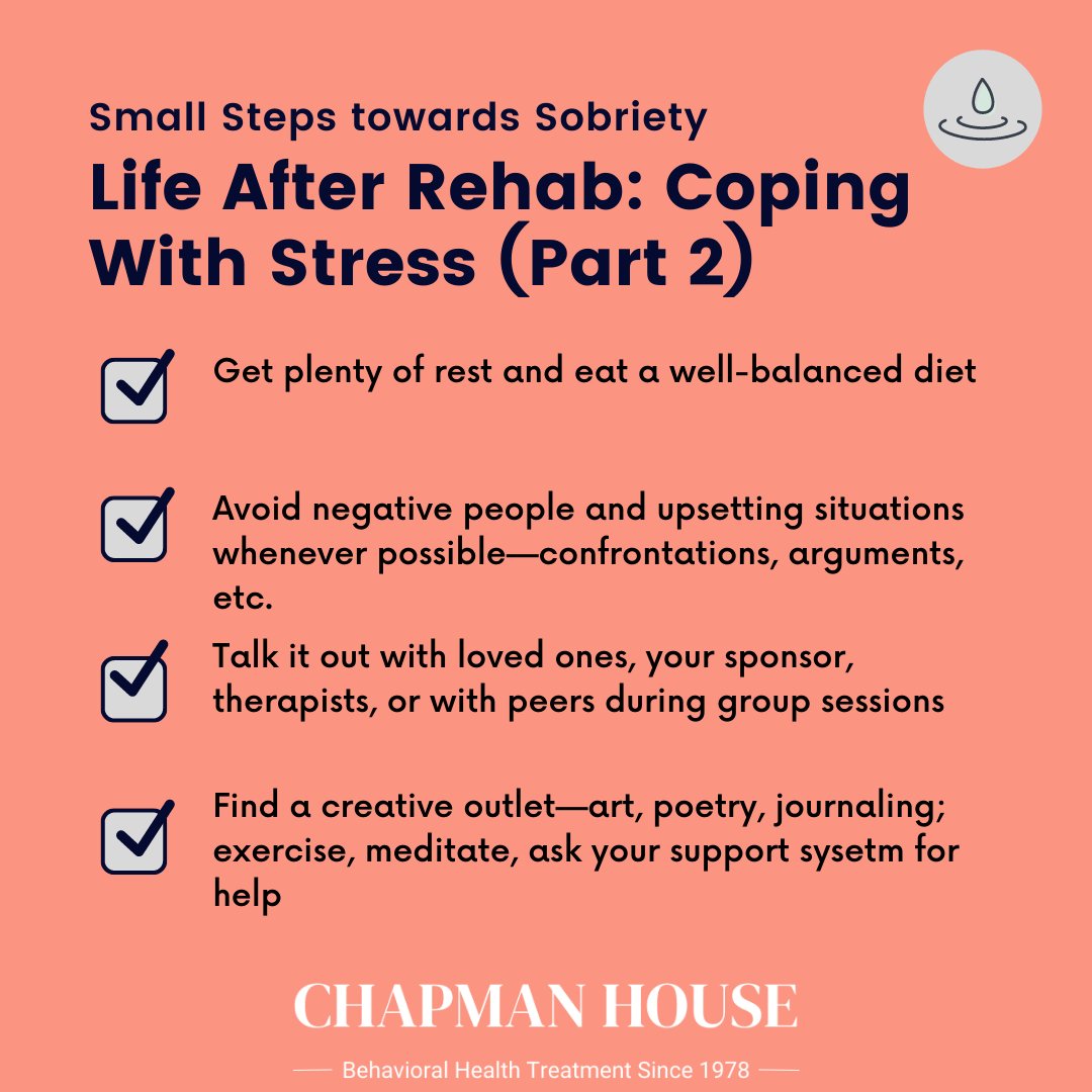 ChapmanRehab's tweet photo. Life after rehab: Part 2 - Practical ways to cope with stress. Link in bio for more information.

#youarenotalone #addiction #addictionrecovery #recovery #mentalhealth #therapy #counselingawareness #sobriety #soberliving #selflove #chapmanrehab #12steps #AA #getrecovery https://t.co/0fwq2dSG04