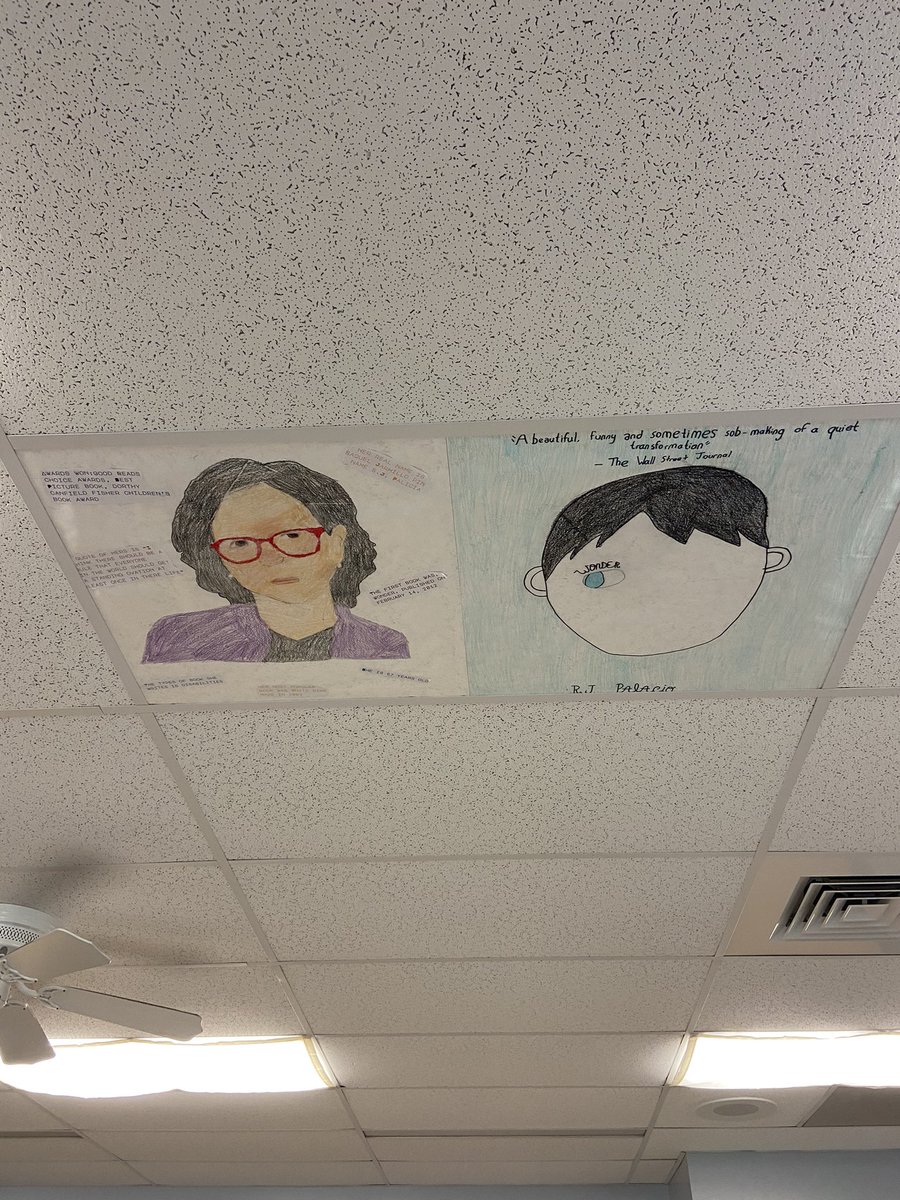 I am so excited!! 8th grade’s first author/book study ceiling tile is done and up! Only 23 more to go; I can not wait to see them all done!  #gpeproud #renwickproud