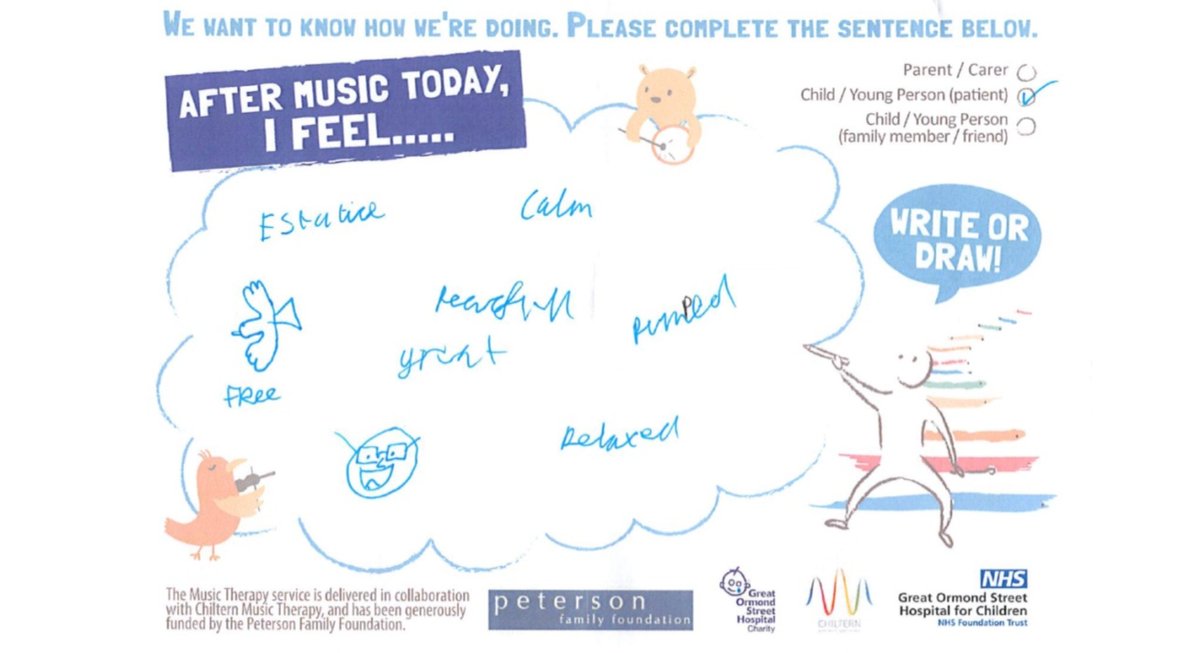 A feedback card saying: "after music therapy today I feel esctatic, calm, tearful, great, free"
